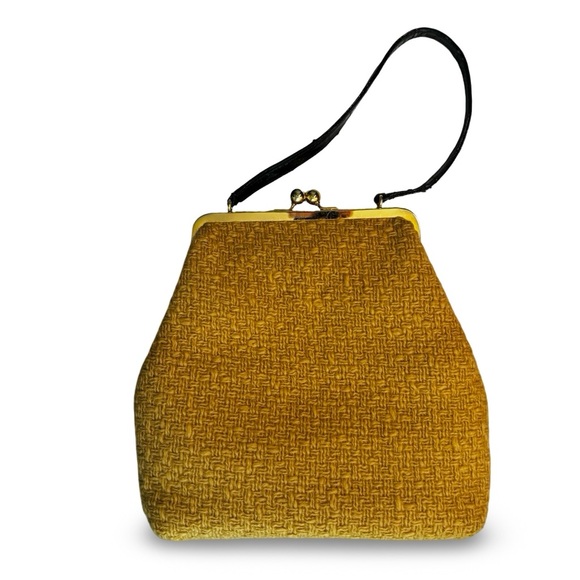 Glenda Gies Handbags - Glenda Gies Kiss-lock Gold/Brown Tweed Harvest Gold 60s Barkcloth interior purse